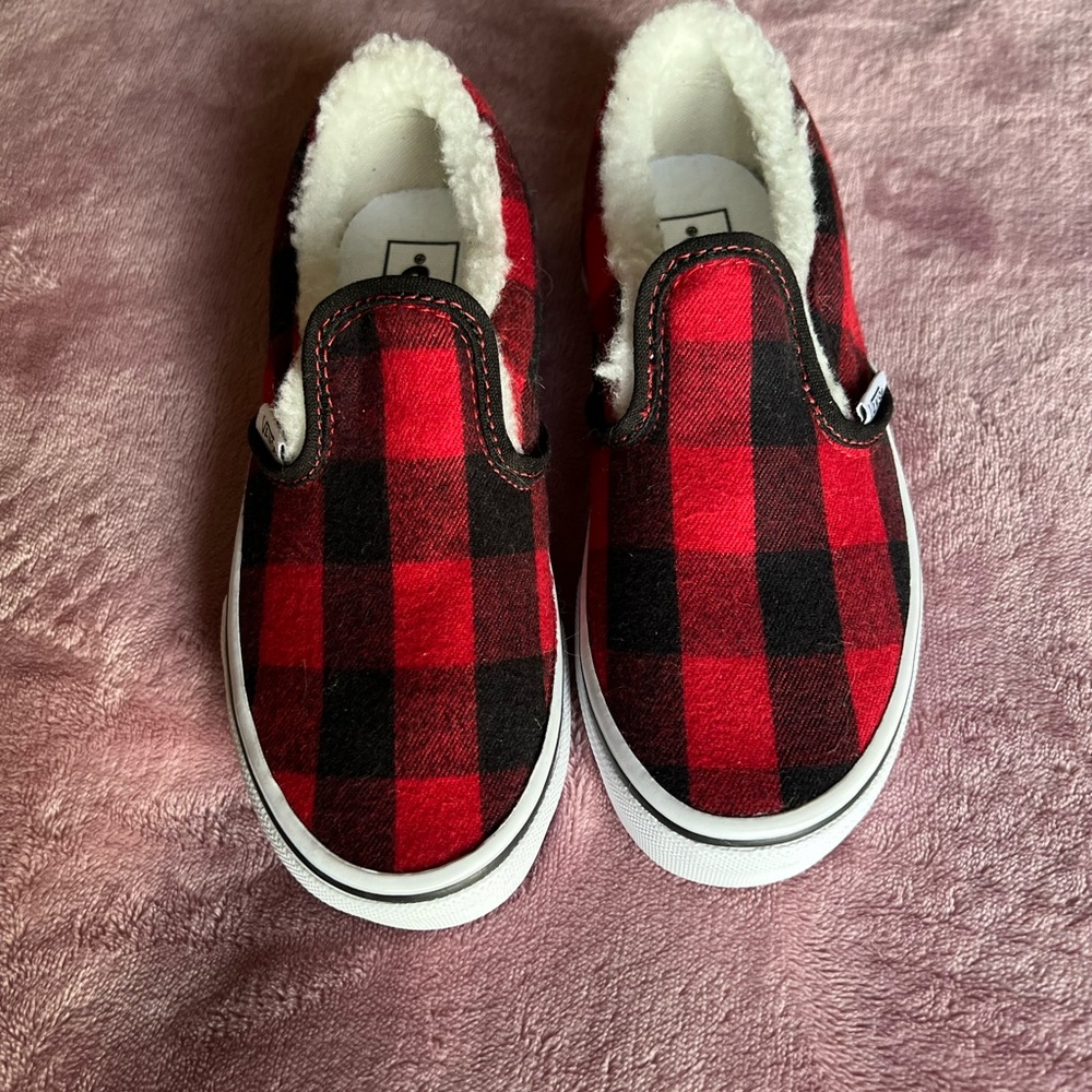Vans Kids Red and Black Plaid Slip-On Slippers